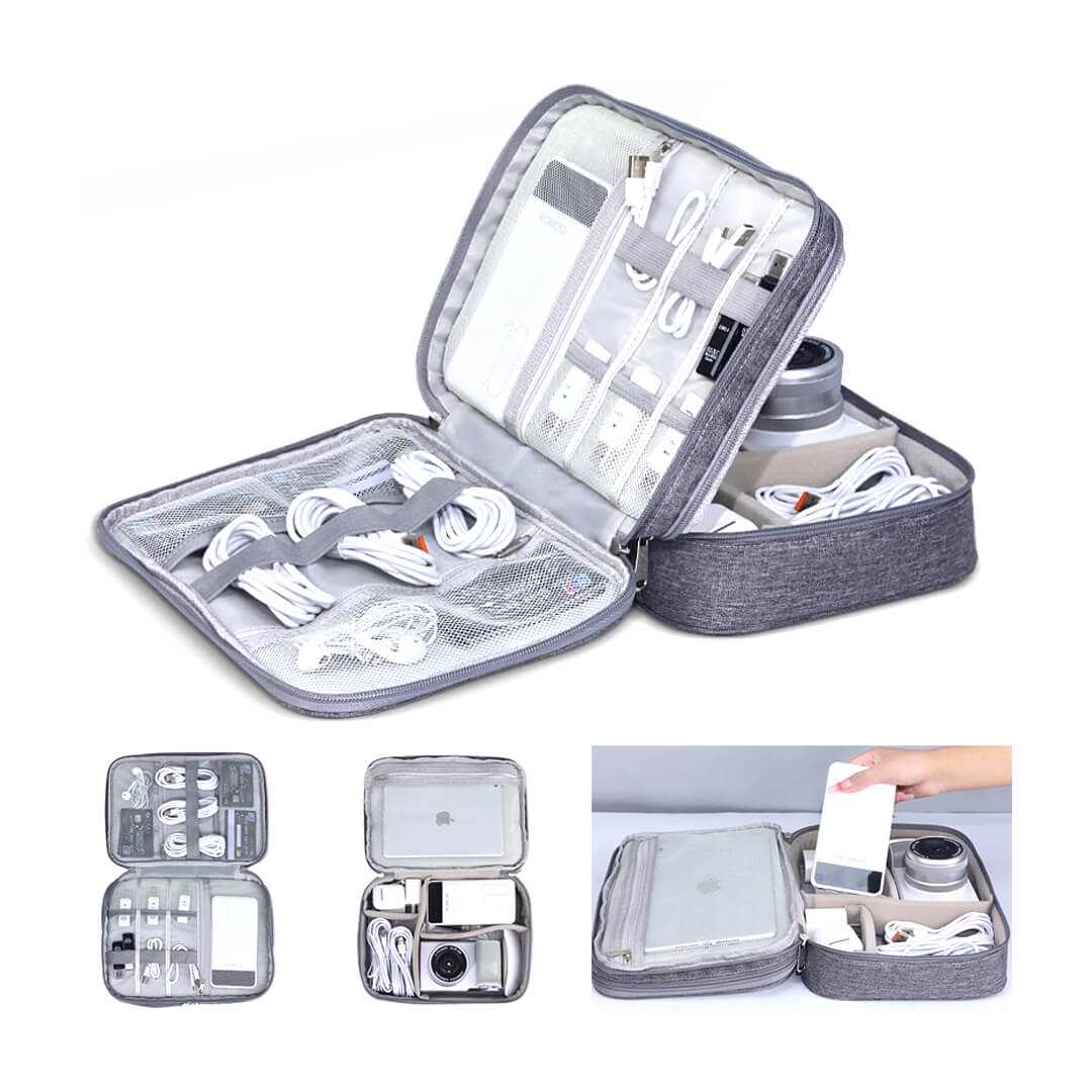 Travel electronics organizer for cables and USB drives