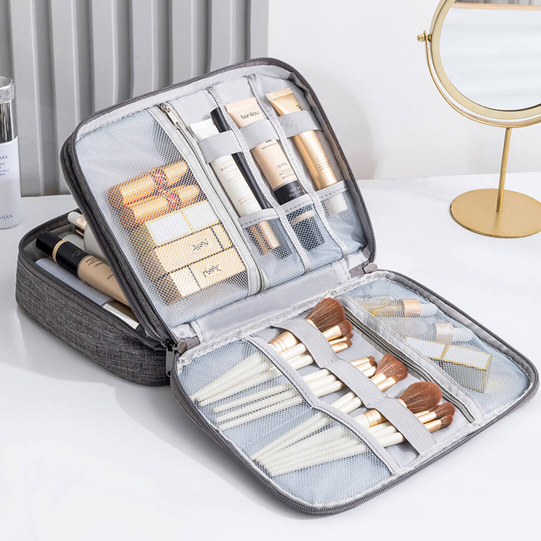 Makeup travel organizer bag with various cosmetic items 