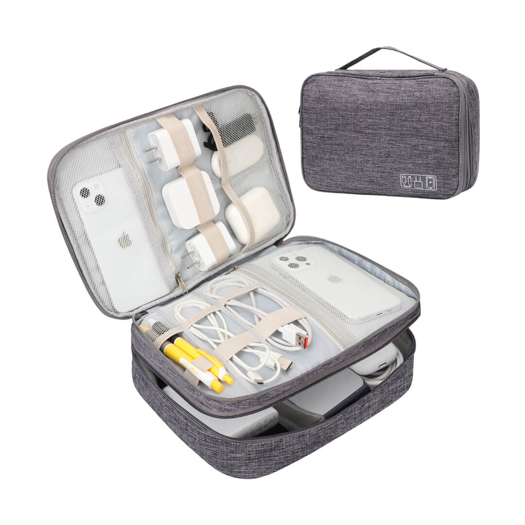 Gray travel case with electronic devices and accessories 