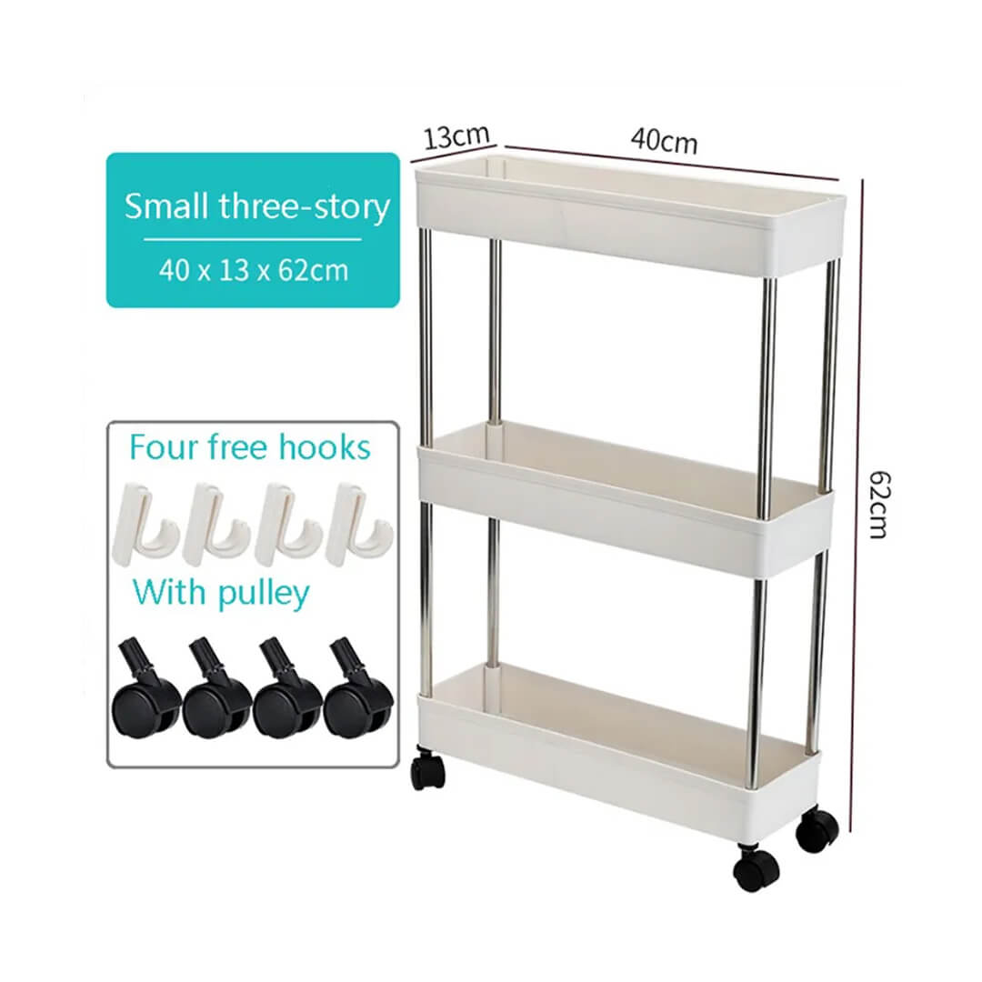 Compact rolling cart with side hooks and 3 shelves