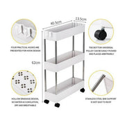 Slim 3-tier rolling storage trolley for narrow spaces