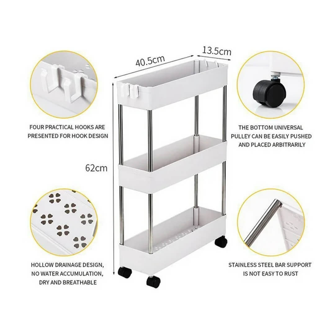 Slim 3-tier rolling storage trolley for narrow spaces
