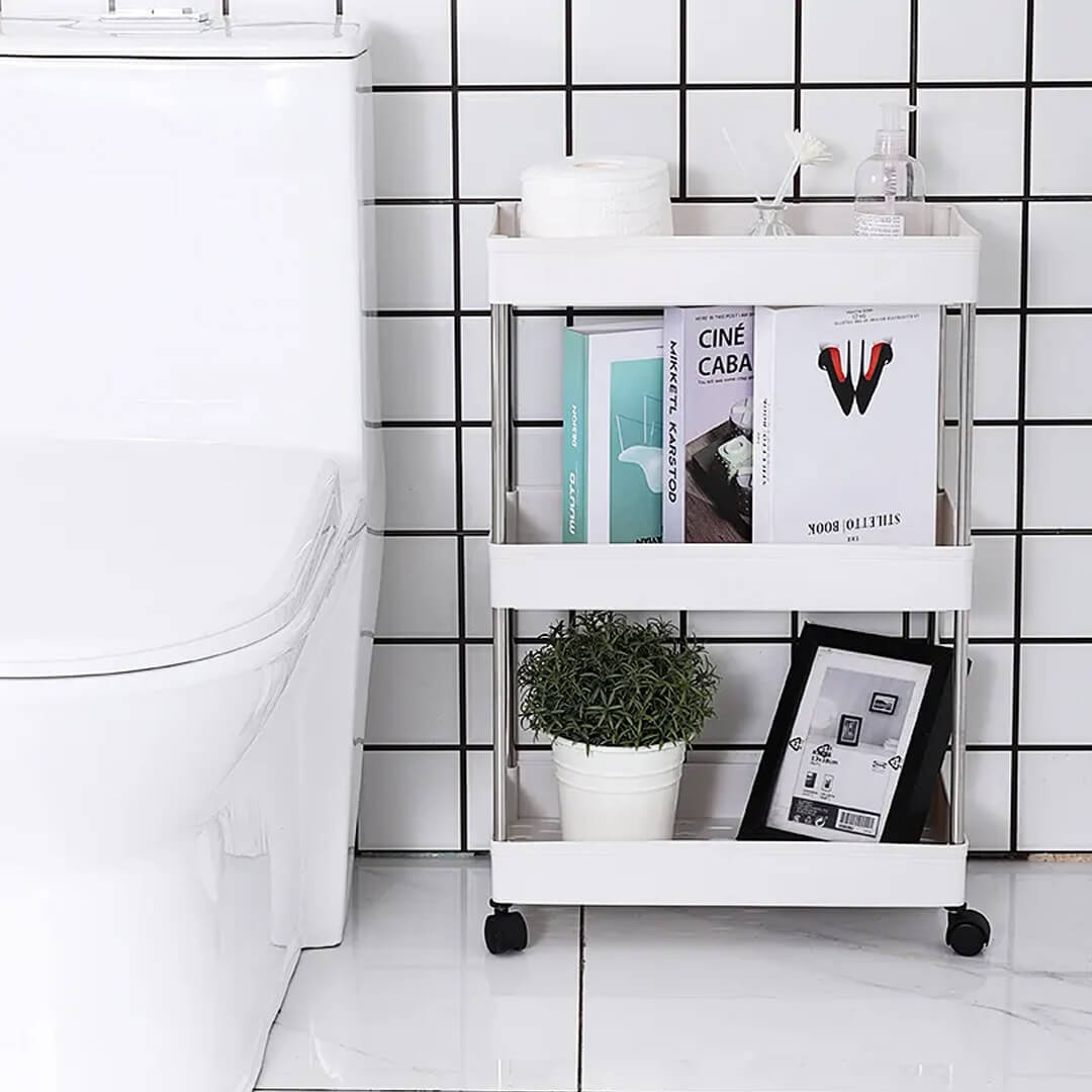 Mobile utility cart used for bathroom storage