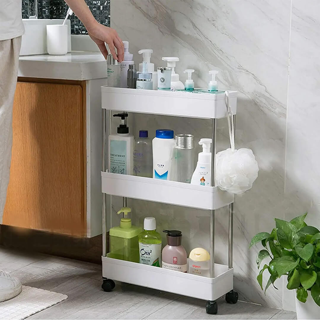 White Slim storage rack on wheels for tight spaces with 4 hooks