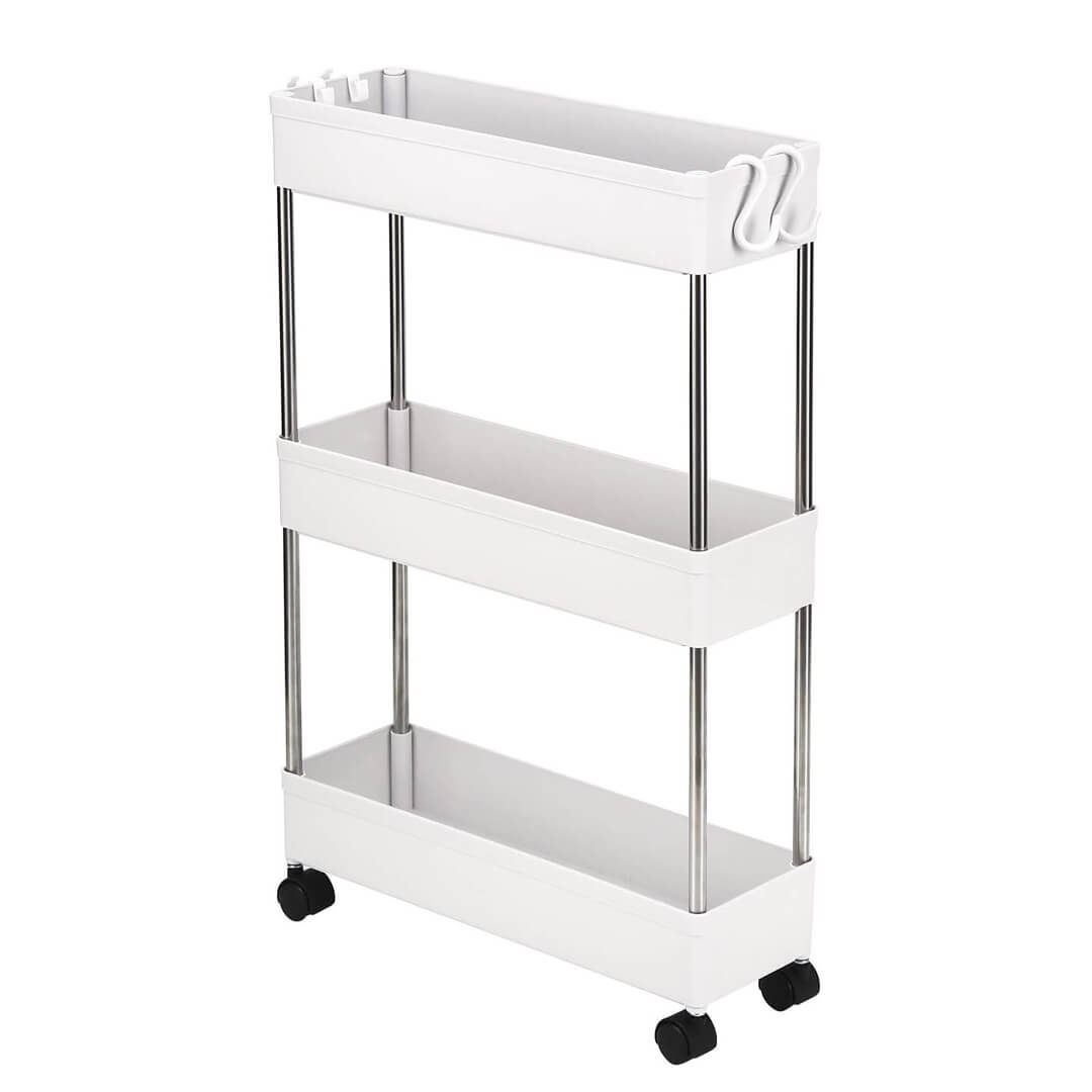 White Slim 3-tier rolling storage trolley for narrow spaces