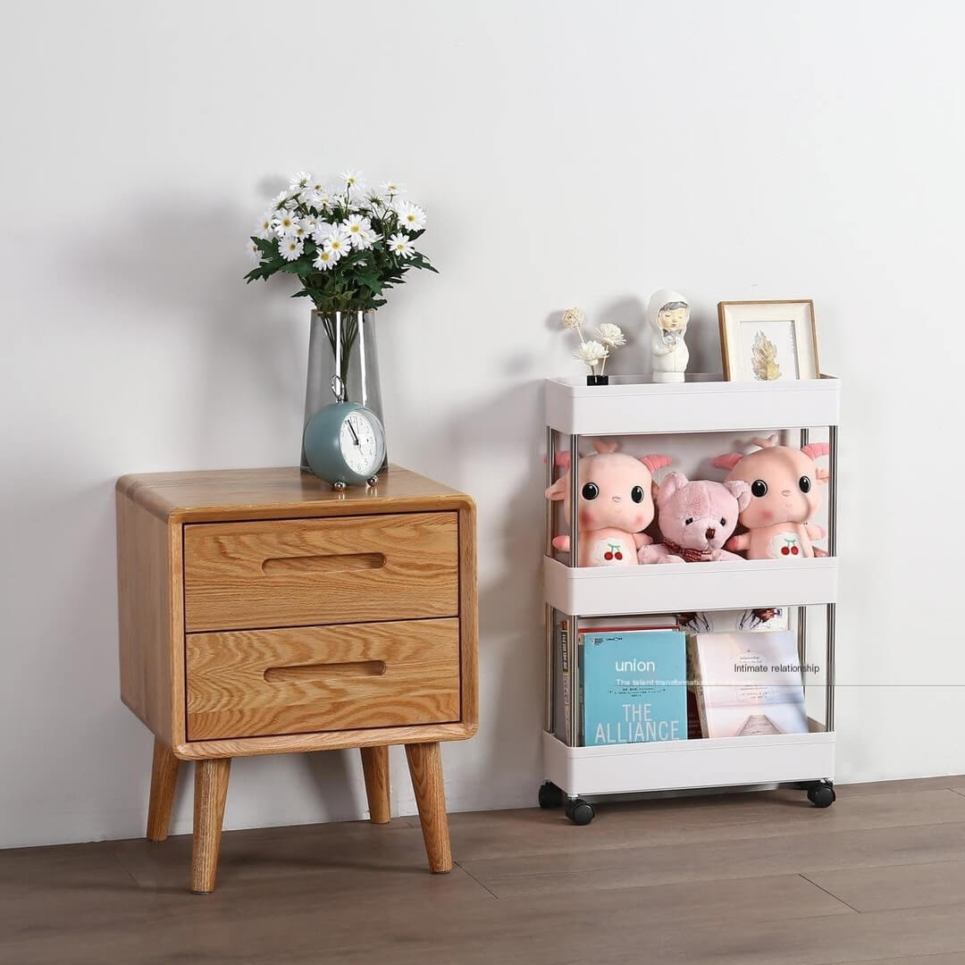 White multi-purpose cart with baskets and hanging hooks