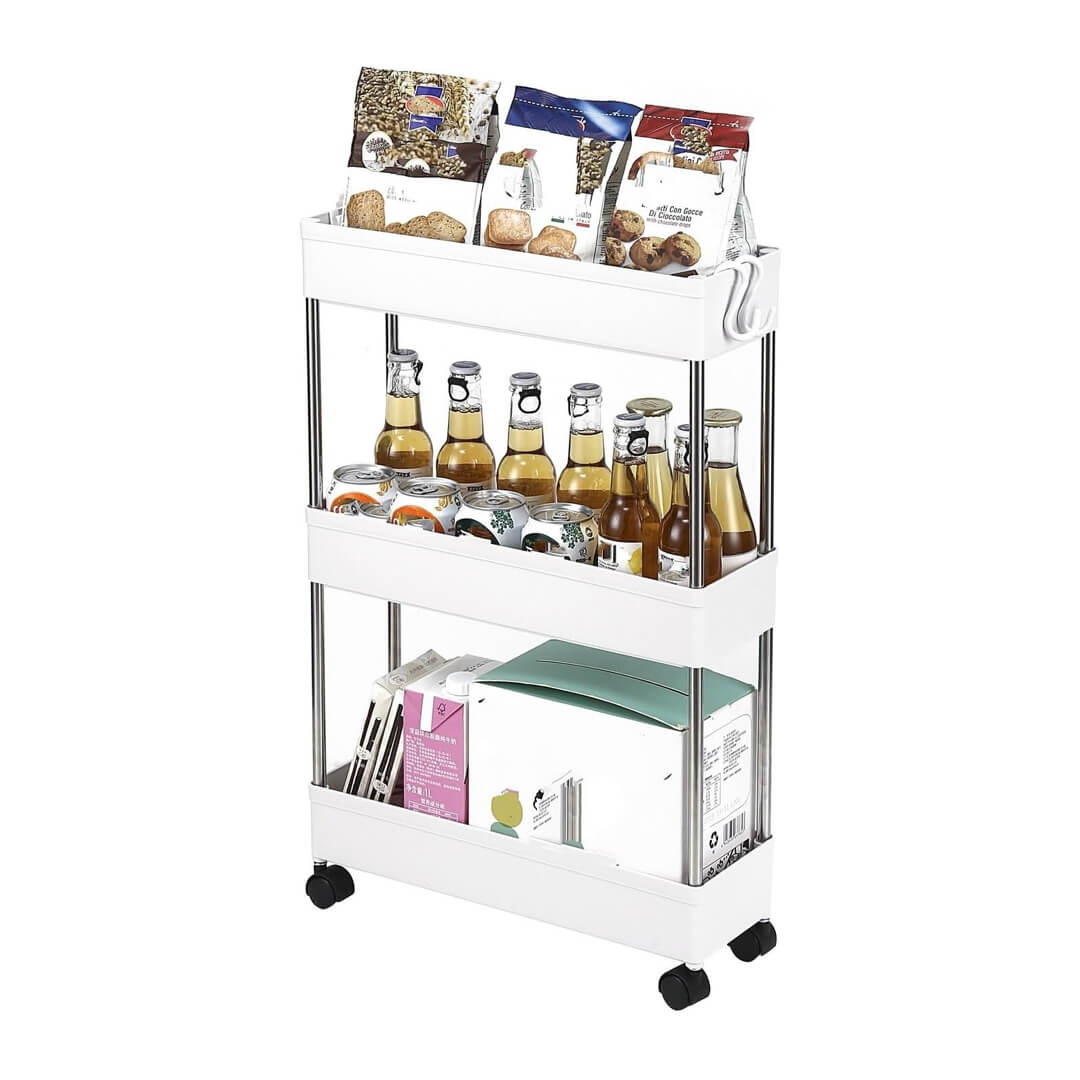 White plastic cart with three open baskets and wheels