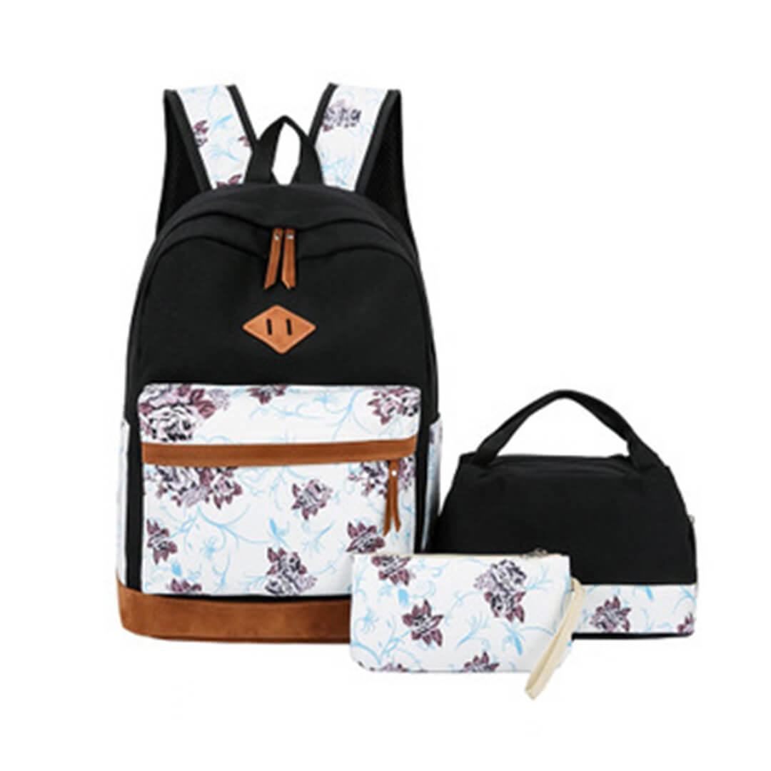 Girls vintage leaves 3-piece backpack set with lunch bag and pencil case