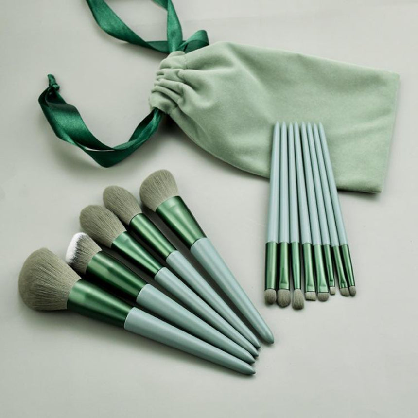 13 Pieces Makeup Brushes Full Set with Bag - Green