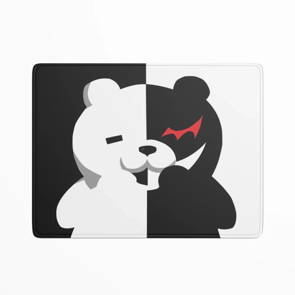 Two-faced bear illustration, one white and one black with red markings, on a black and white background.