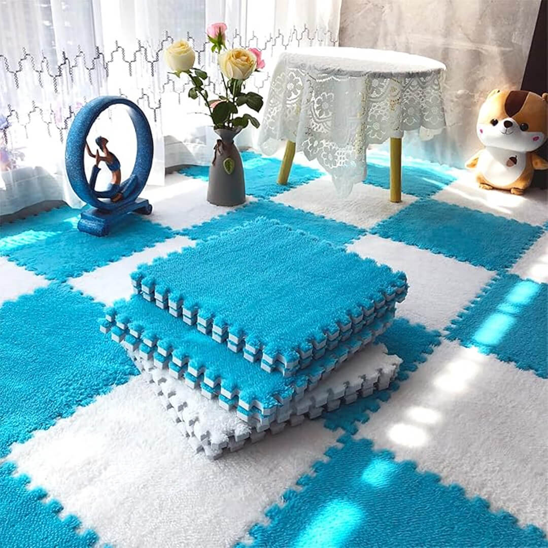 Plush interlocking puzzle floor mat tiles for bedroom