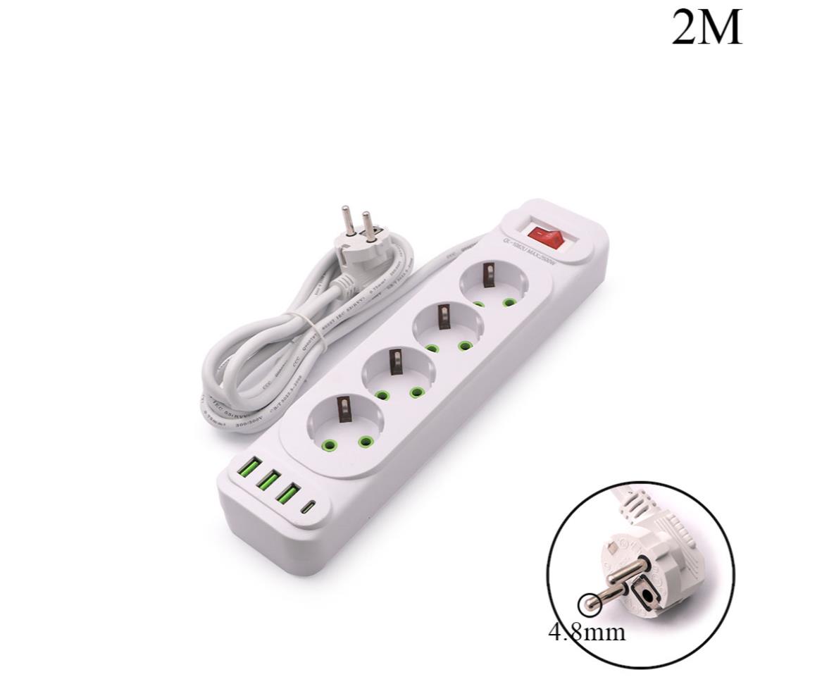 Power Strip - 4 Outlet EU - 2x1.0mm - 2M - 3x USB & TYPE-C & Switch