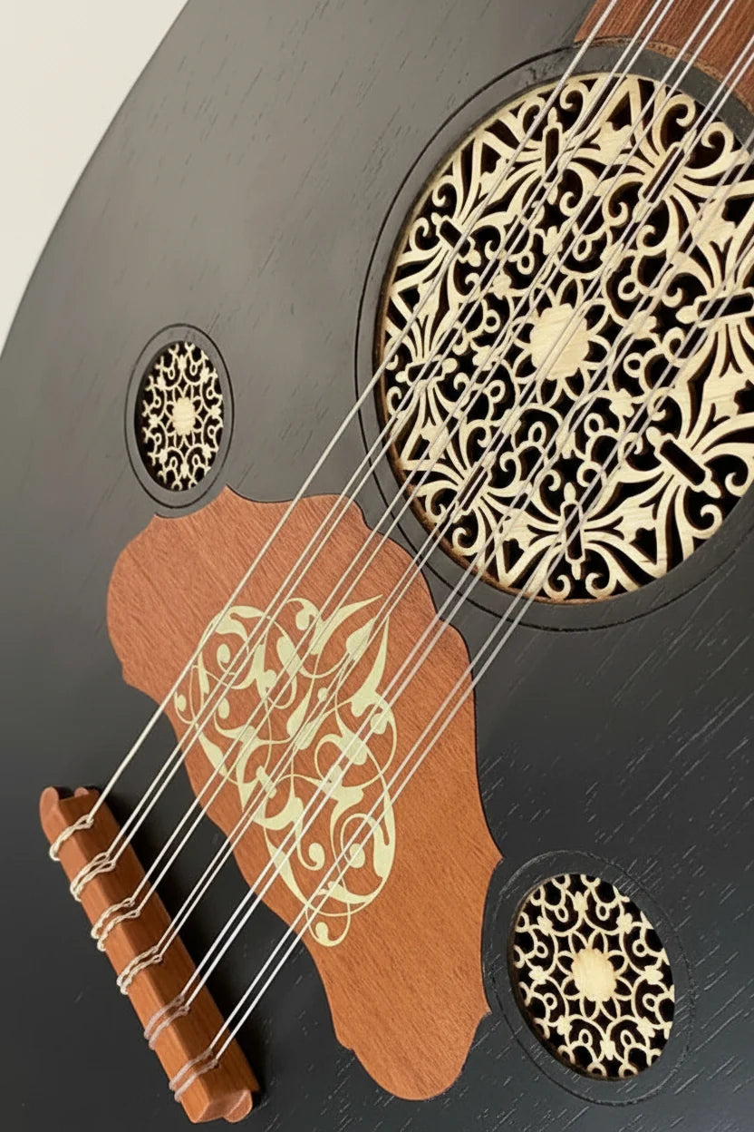 Damascus Iraqi Oud Black Finish - Fixed Bridge, with Leather Bag