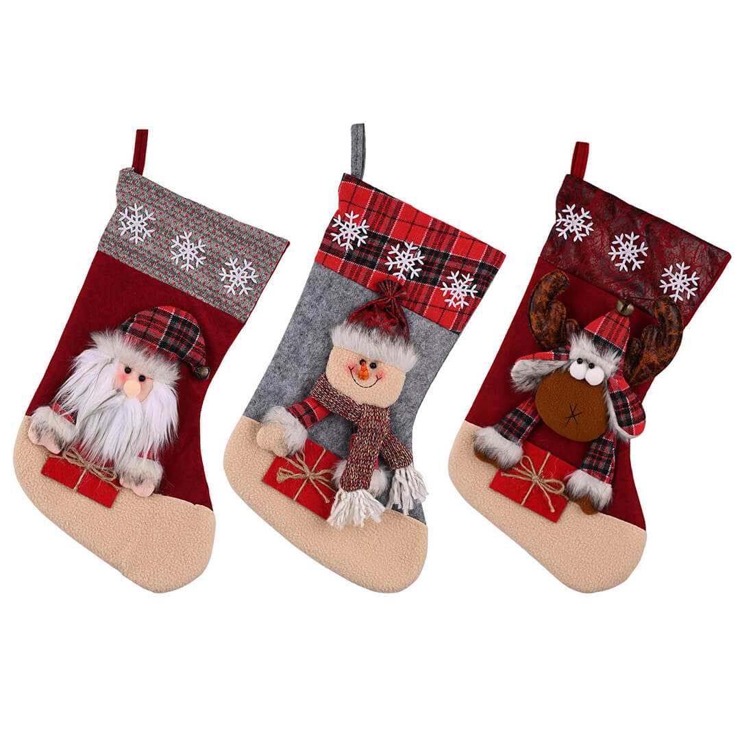 Red and grey 3D Christmas stockings with holiday characters