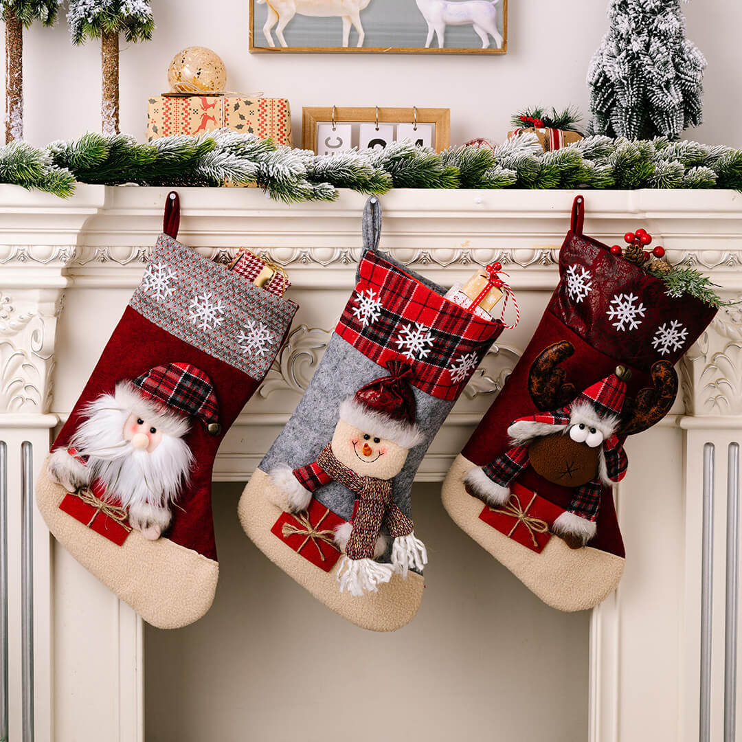 Red and grey 3D Christmas stockings with santa, deer and snowman designs