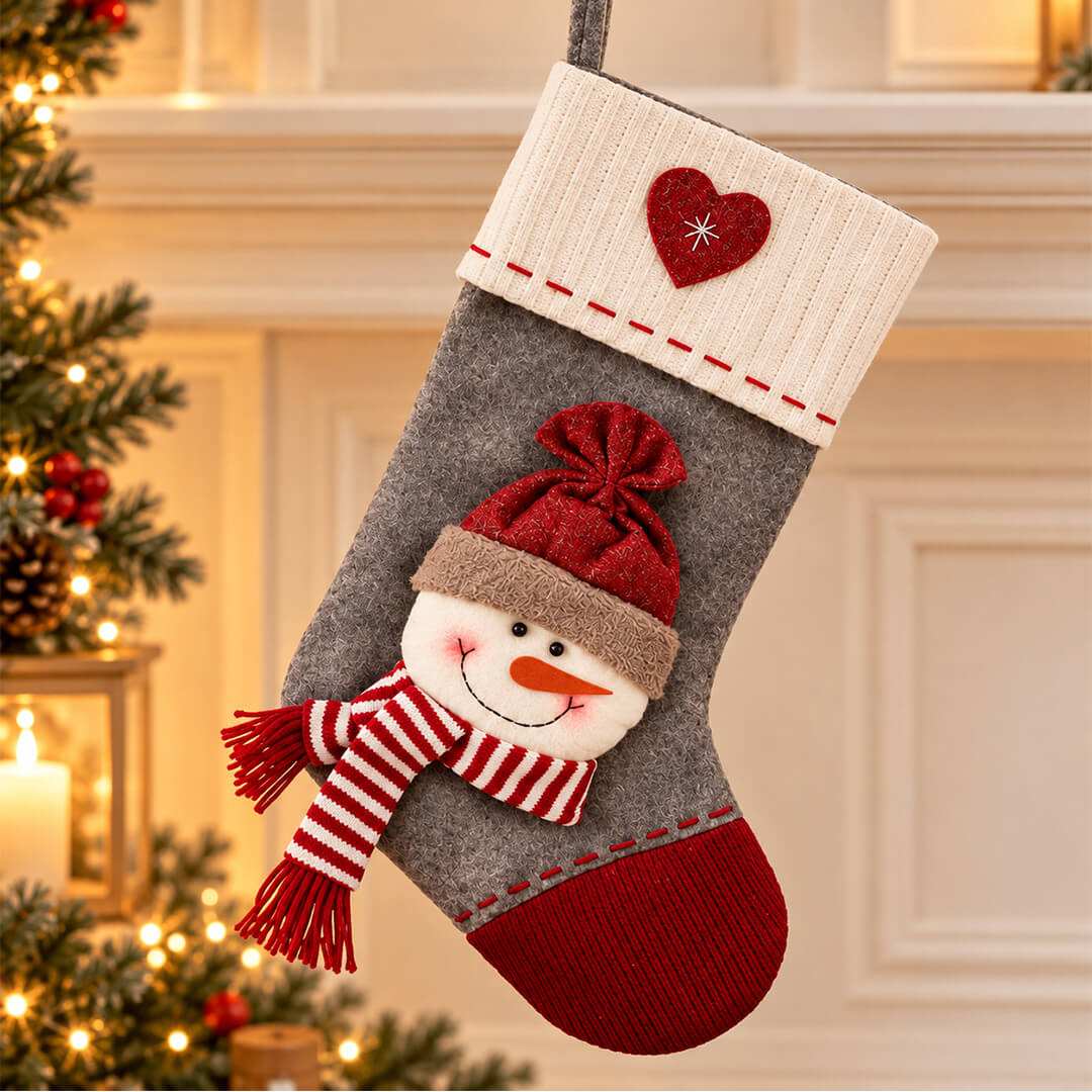 Snowman Christmas stocking with red hat and striped scarf