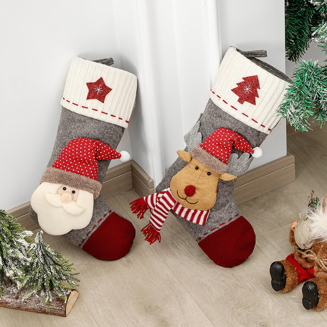 Decorative Christmas stocking with knitted and plush details