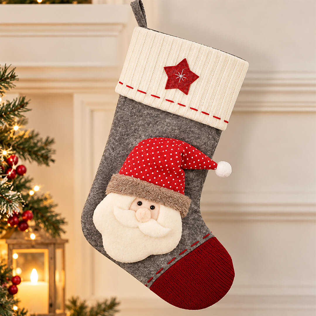 Grey and red Christmas stockings with 3D characters