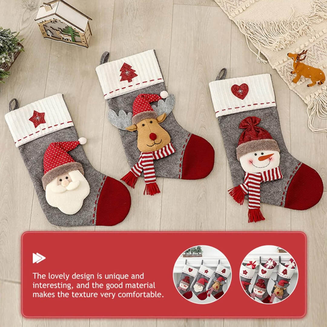 Festive Christmas stocking with soft plush character details