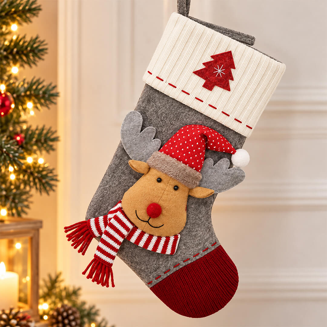 Deer Christmas stocking with antlers and striped scarf
