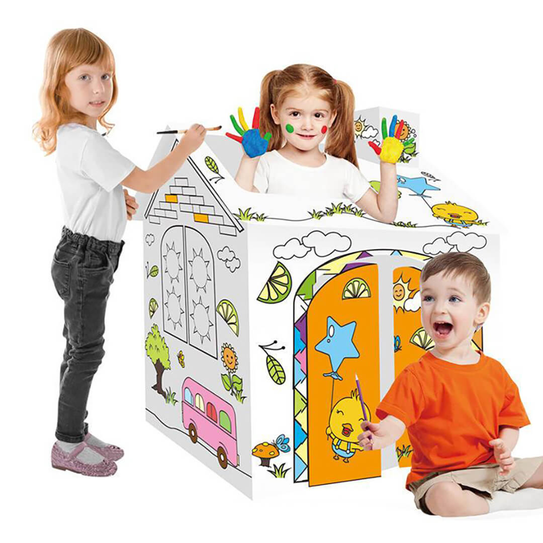Kids painting and decorating 3D cardboard graffiti house toy