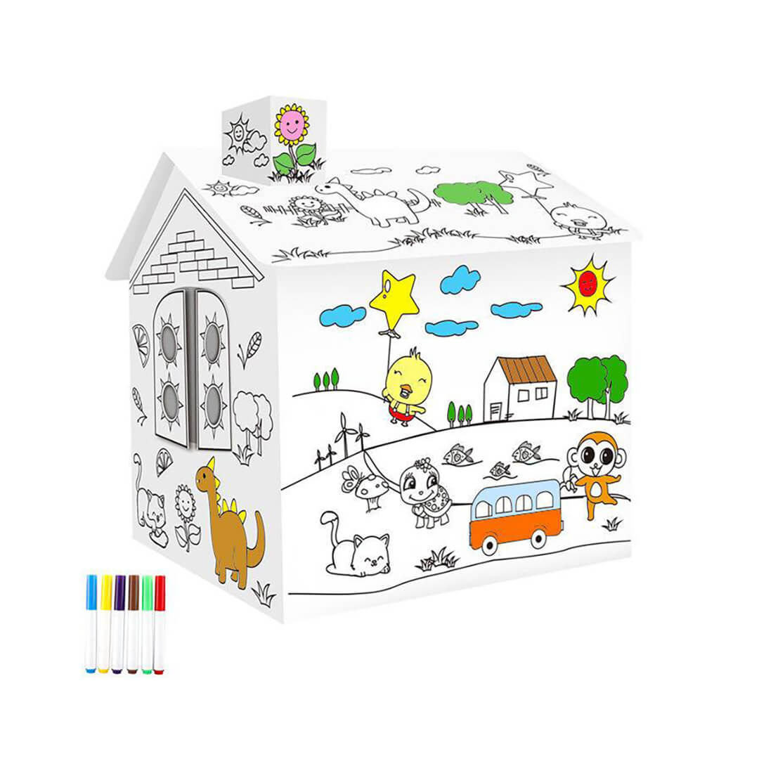 3D cardboard house kit for kids to build and color