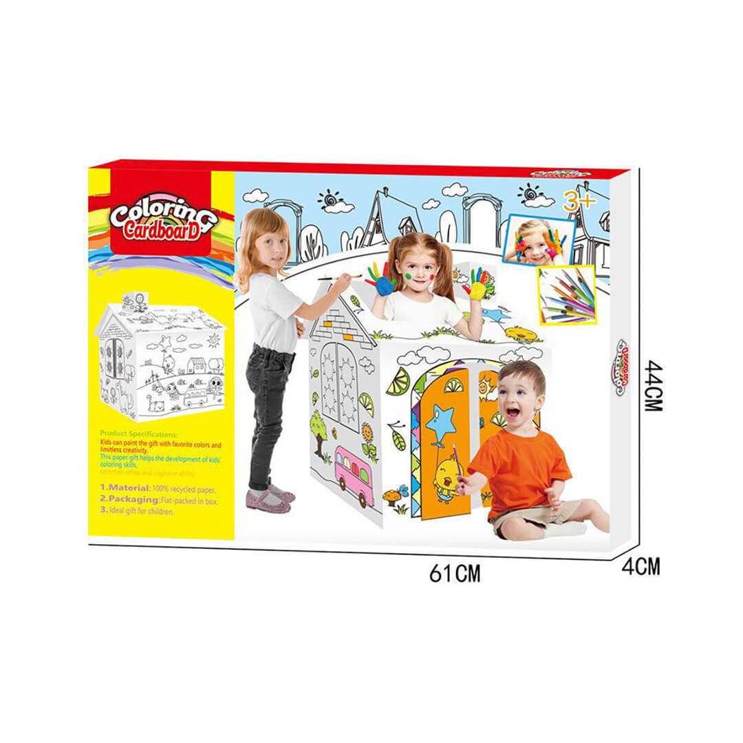 Coloring cardboard toy packaging with children playing and dimensions displayed.