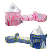 Space-themed 3-in-1 play tent for kids with stars and silver top in blue and pink color