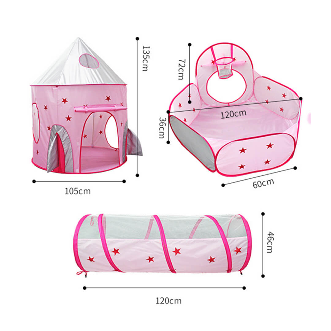 Dimensions of the 3-piece kids tent playset for indoor and outdoor use