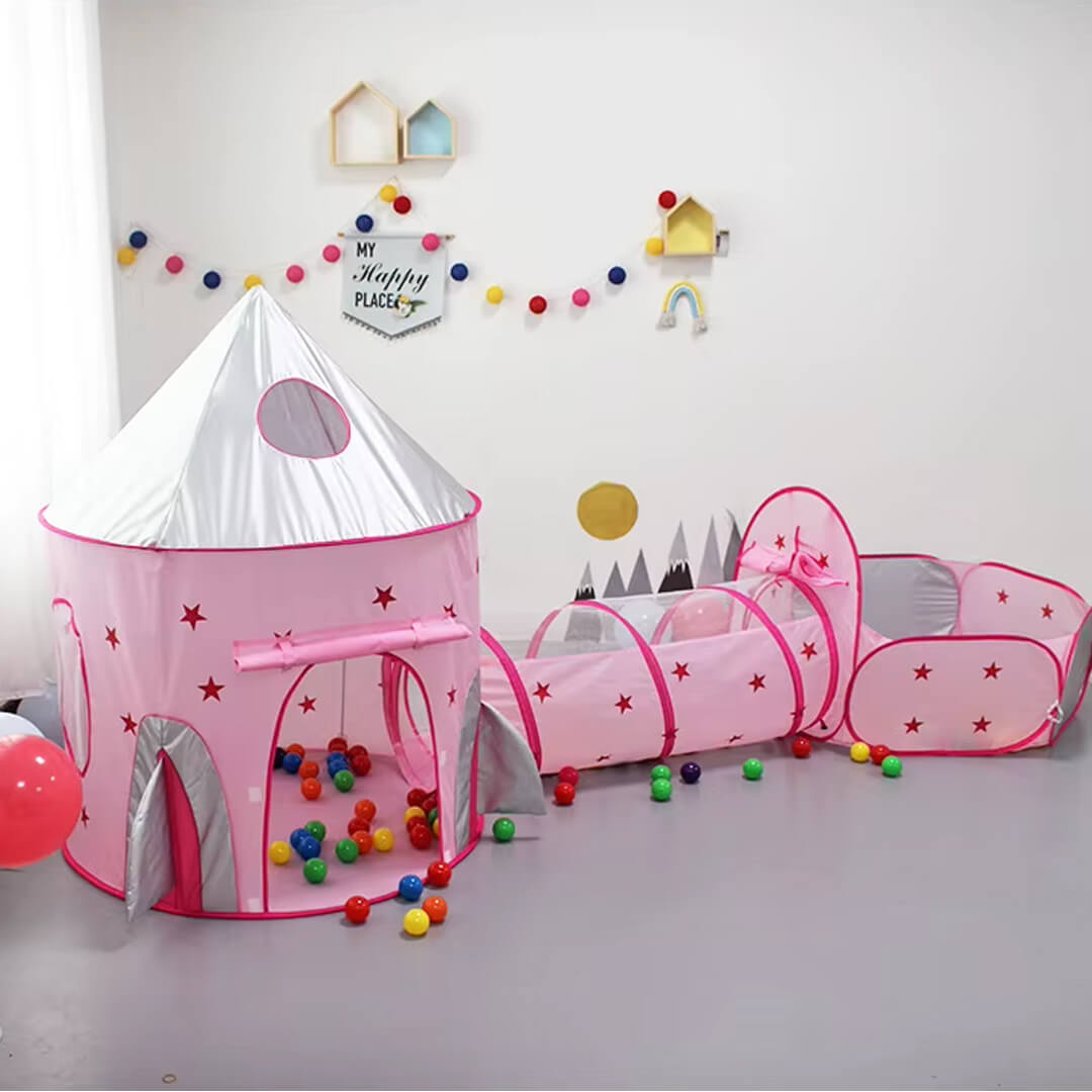 Star-themed pop-up pink play tent with tunnel and ball pit