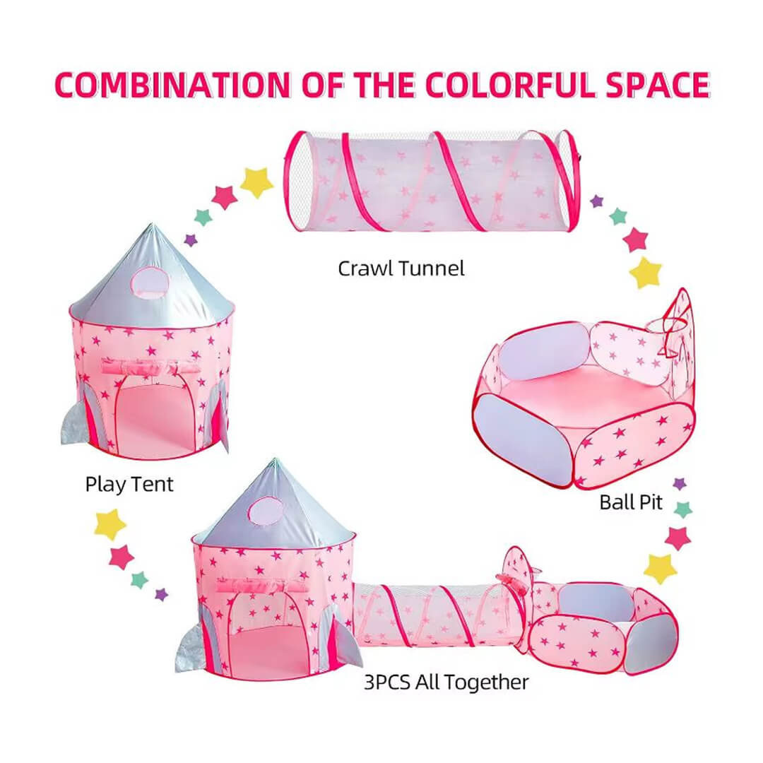 3-in-1 playt tent with ball pit and crawling tunnel, foldable and portable