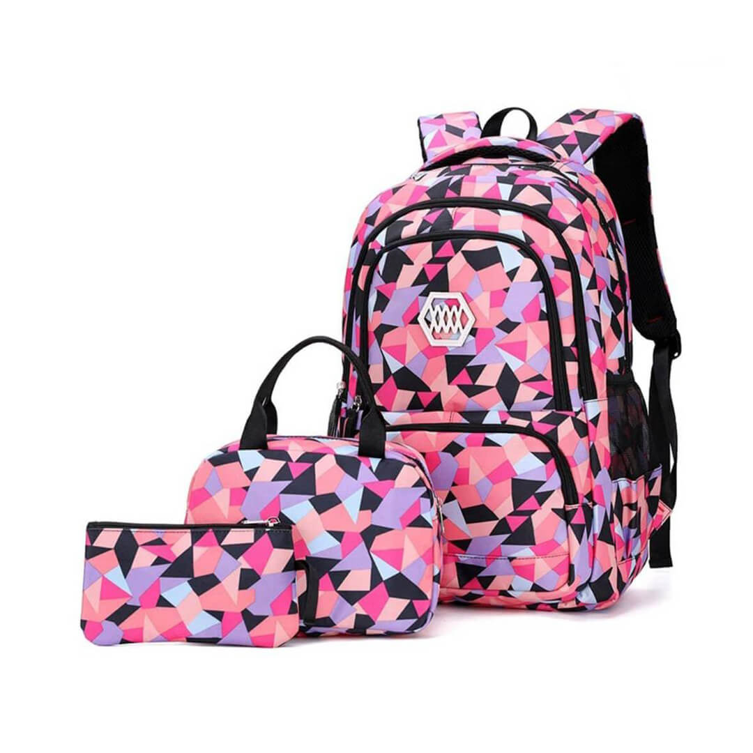 3-Piece Geometric Backpack Set, pink and Purple Shades