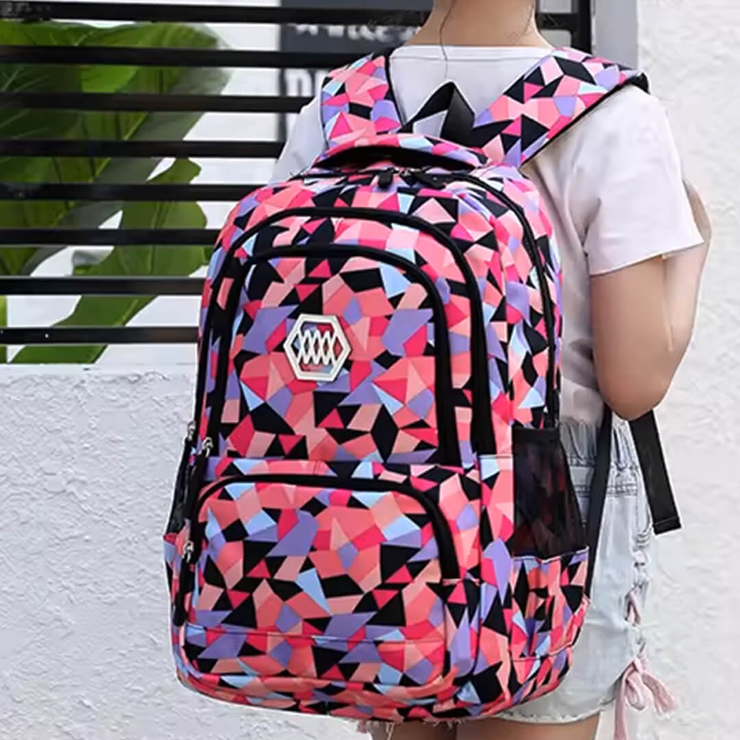 Pink and purple geometric backpack