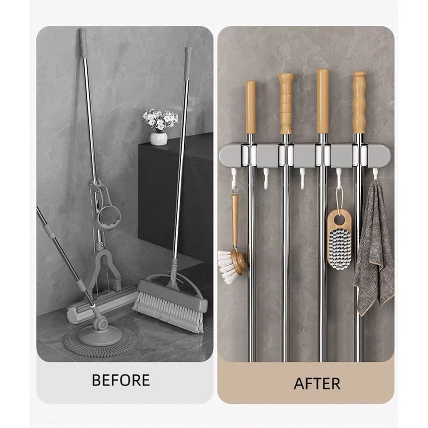 4 compartments Wall Mount Self-Adhesive Mop & Broom Holder