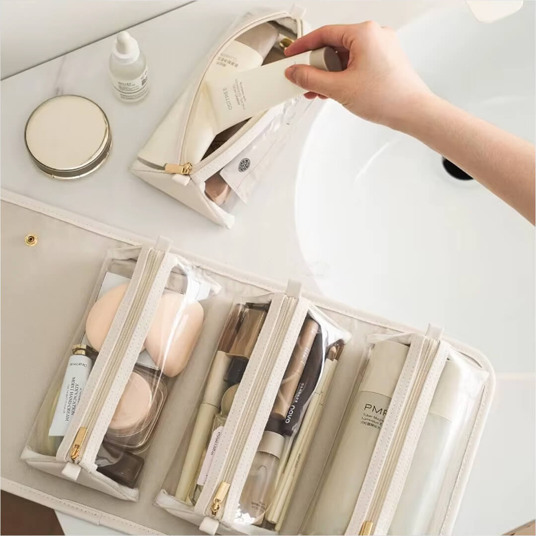 Roll-up makeup storage organizer with clear pouches