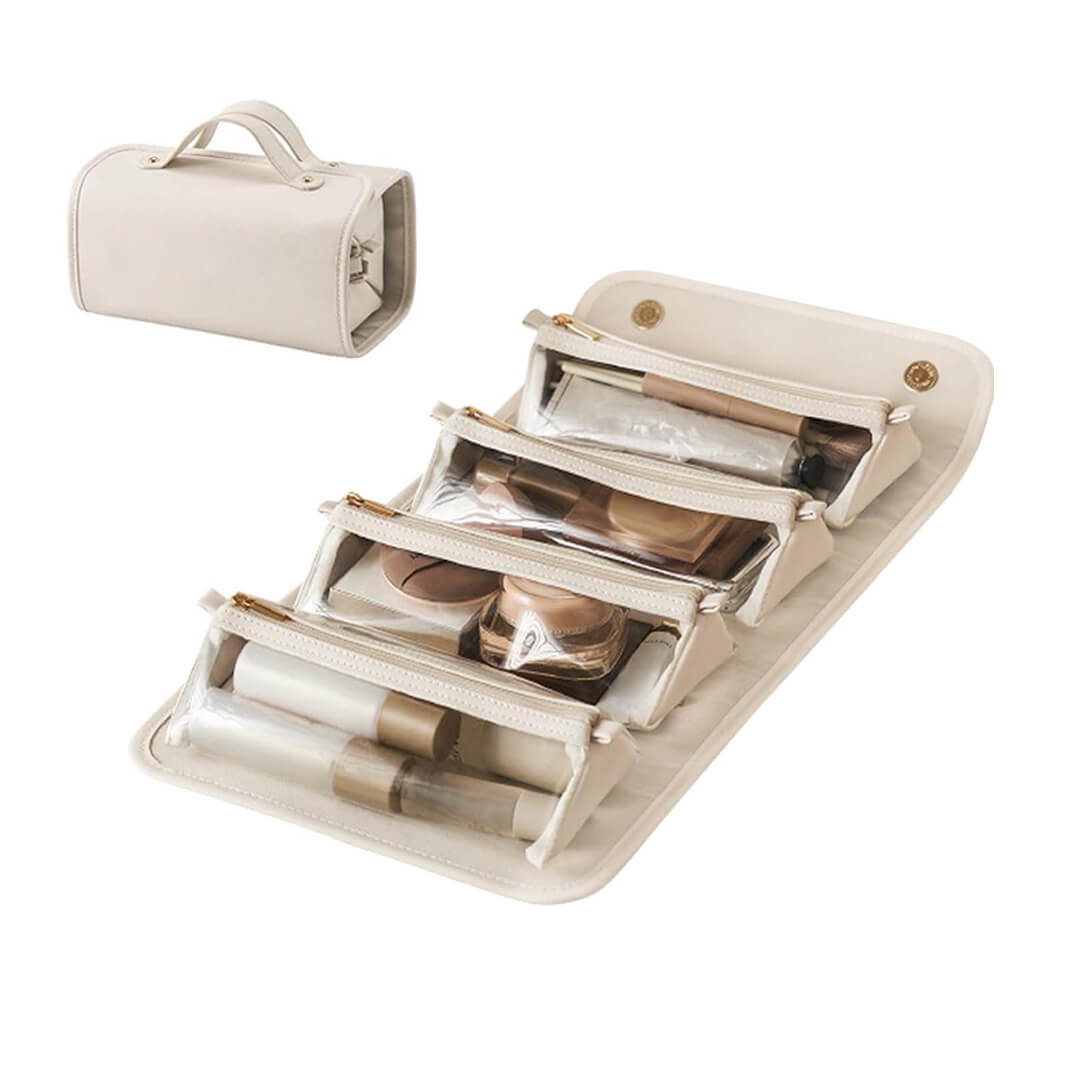 Travel makeup organizer with detachable pouches, beige color