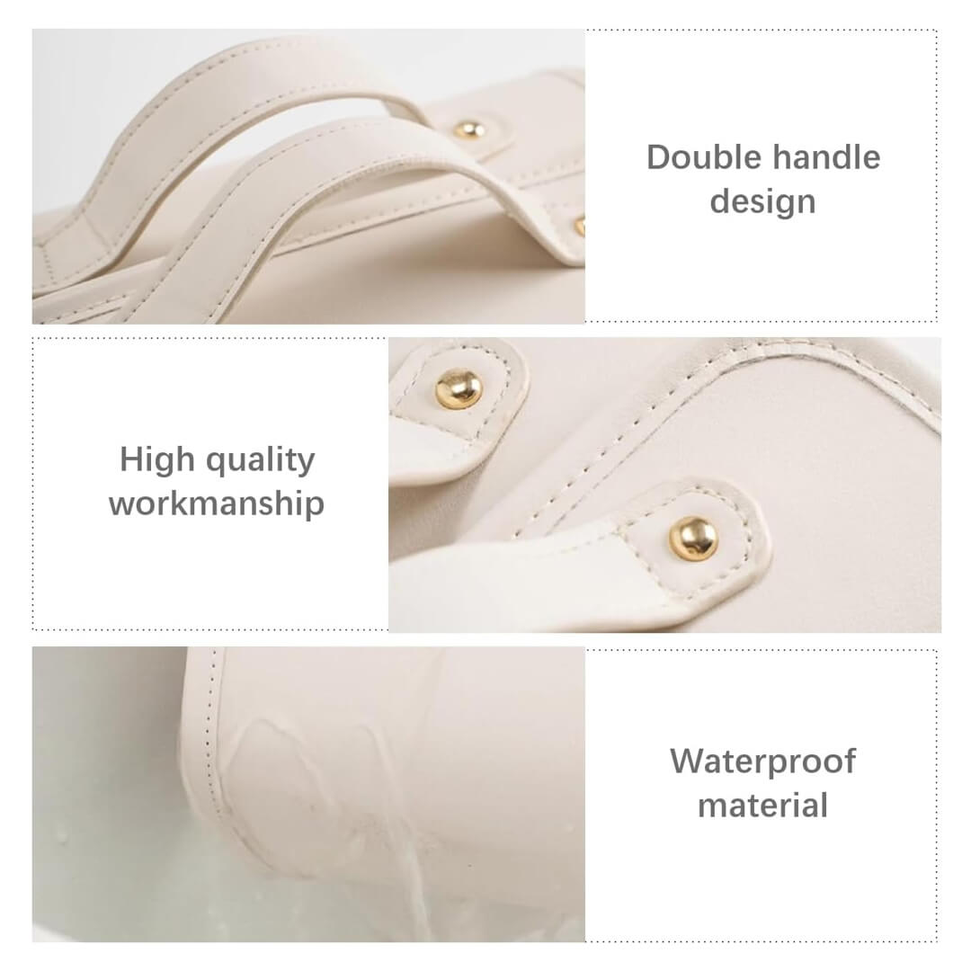 Close-up of a makeup organizer with a double-handle design and waterproof material