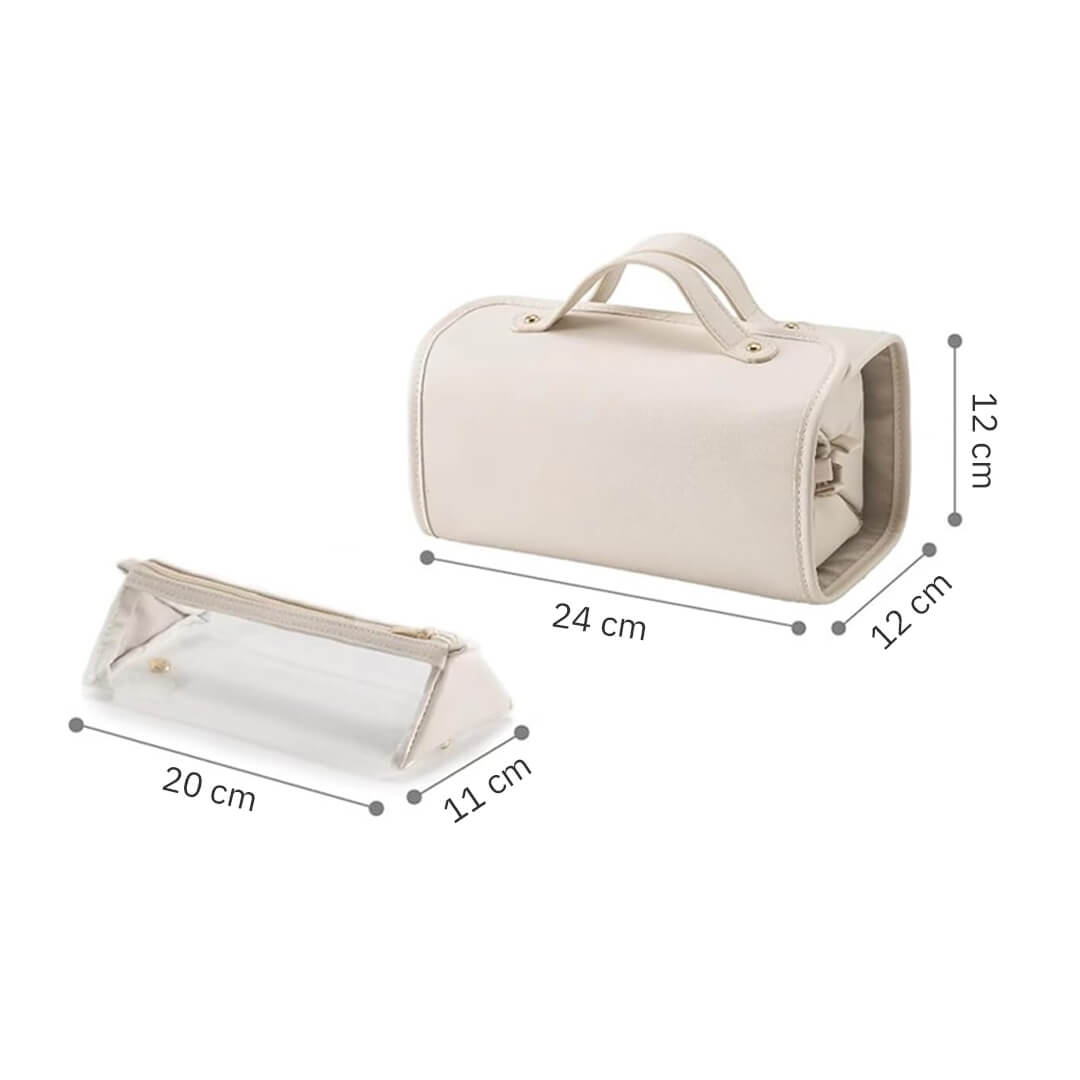 Compact roll-up cosmetic organizer for travel, dimensions