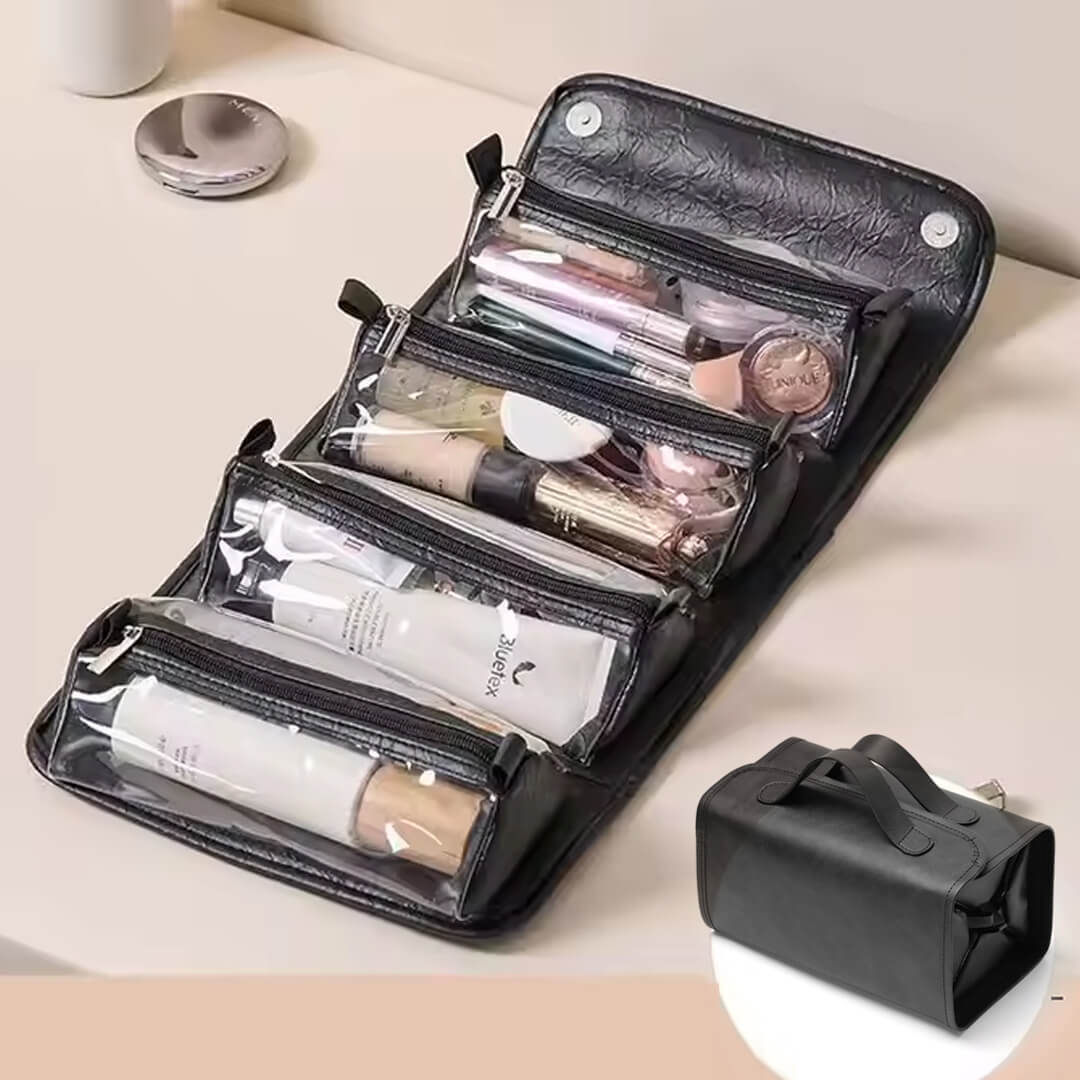 Travel-friendly roll-up makeup storage bag, black color