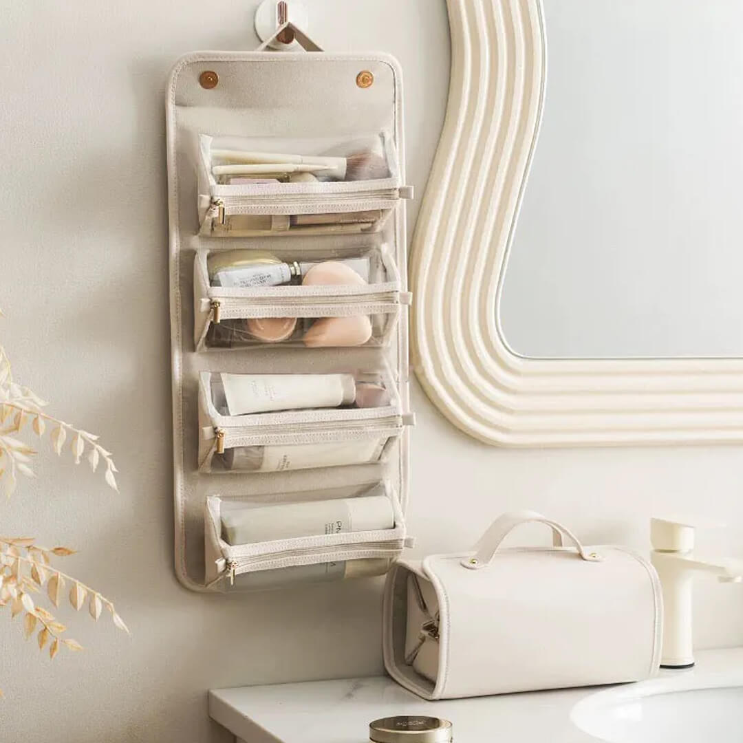 Hanging, transparent makeup organizer for easy access