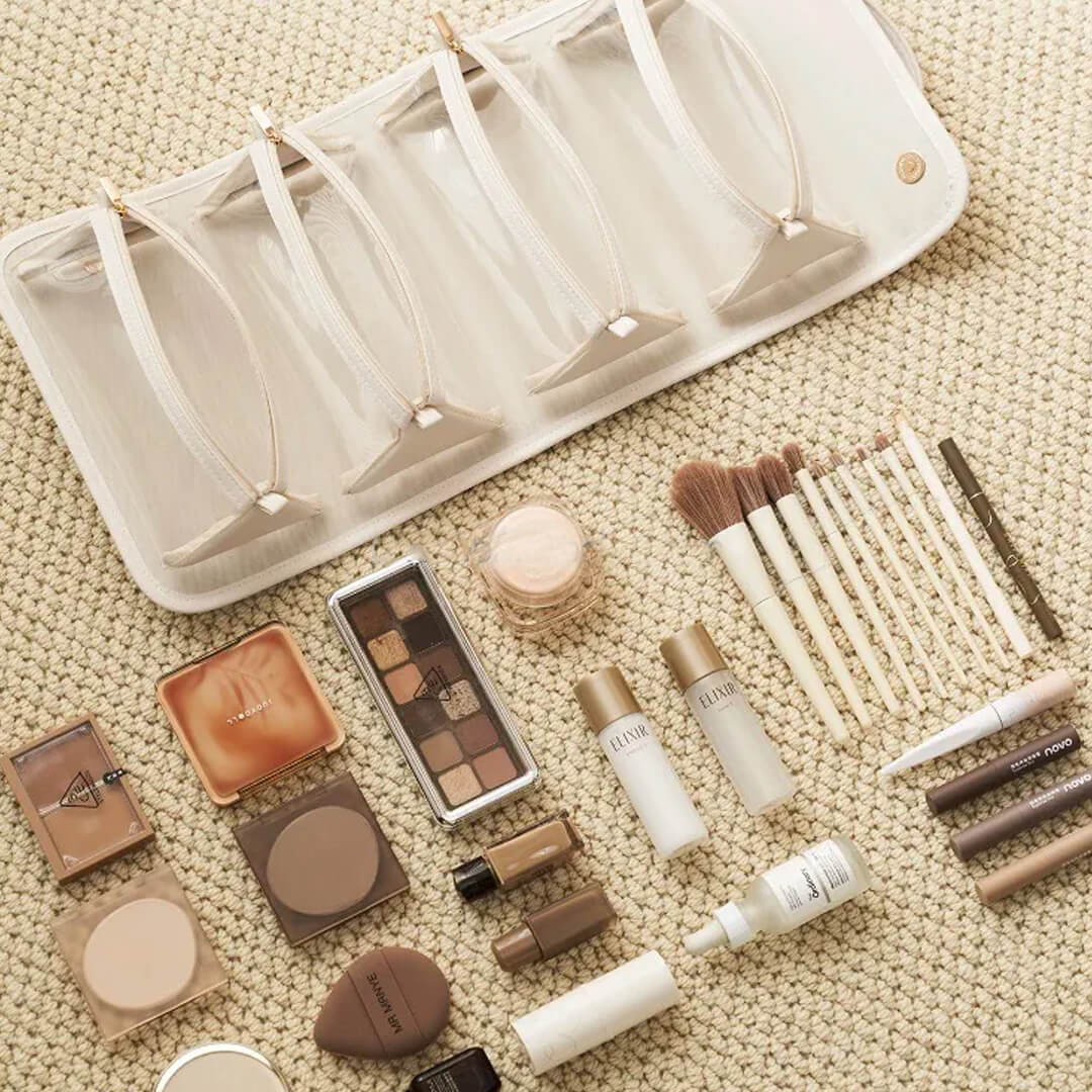 Travel-friendly roll-up makeup storage bag, off-white color