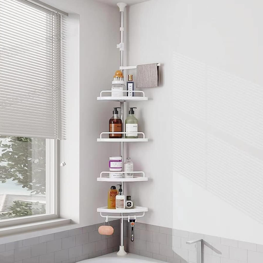 4-tier bathroom corner caddy holding shampoo and soap