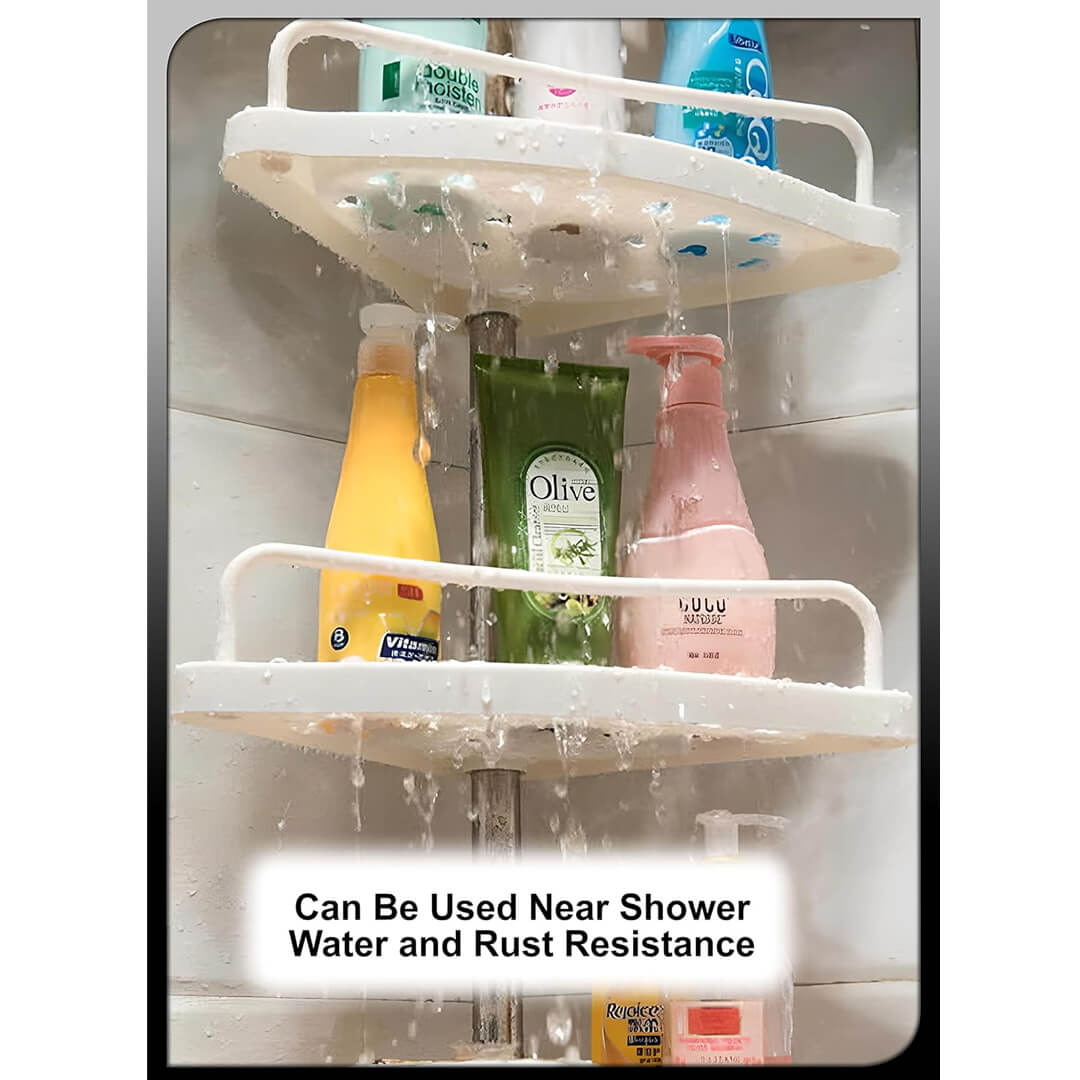 Telescopic pole bathroom rack fully extended, water and rust resistance
