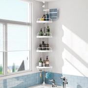 Telescopic corner shelf installed in a shower with bottles and towels