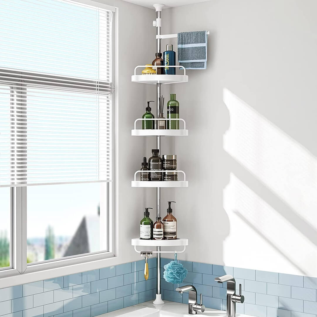 Telescopic corner shelf installed in a shower with bottles and towels