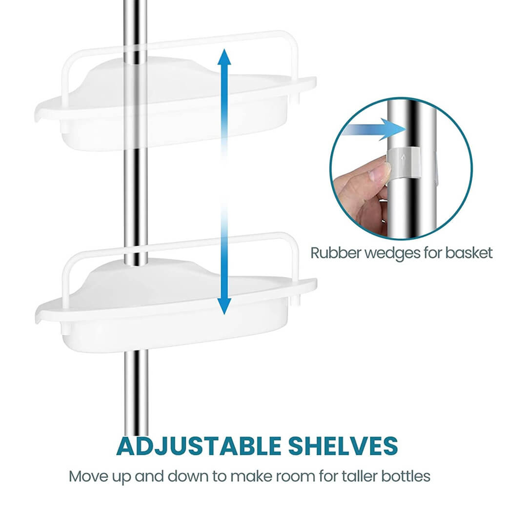 Foldable corner shower caddy with triangular shape and adjustable shelves