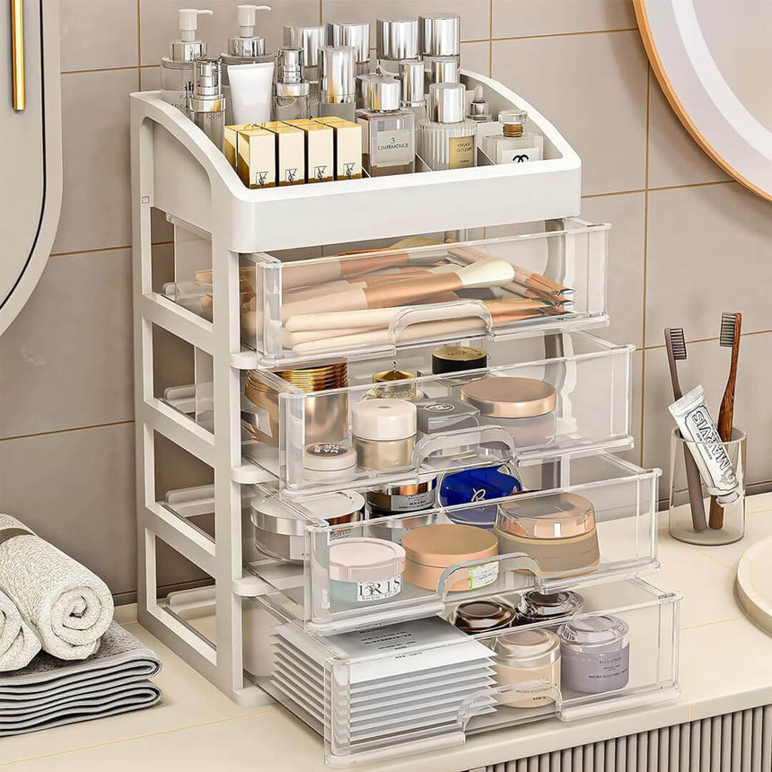 Makeup and stationery organizer with sliding drawers
