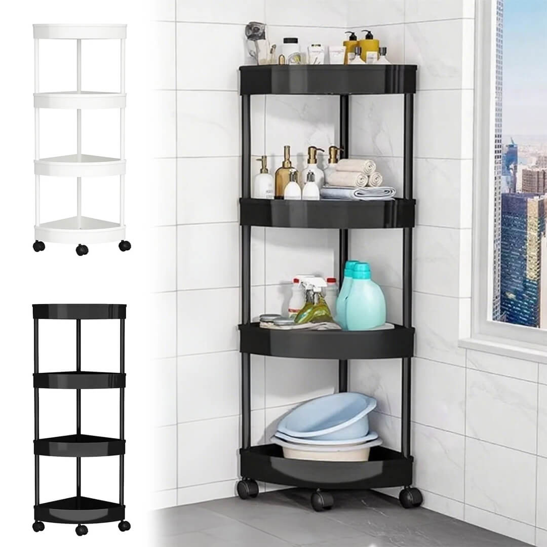 4-tier corner storage rack with wheels for bathroom and kitchen