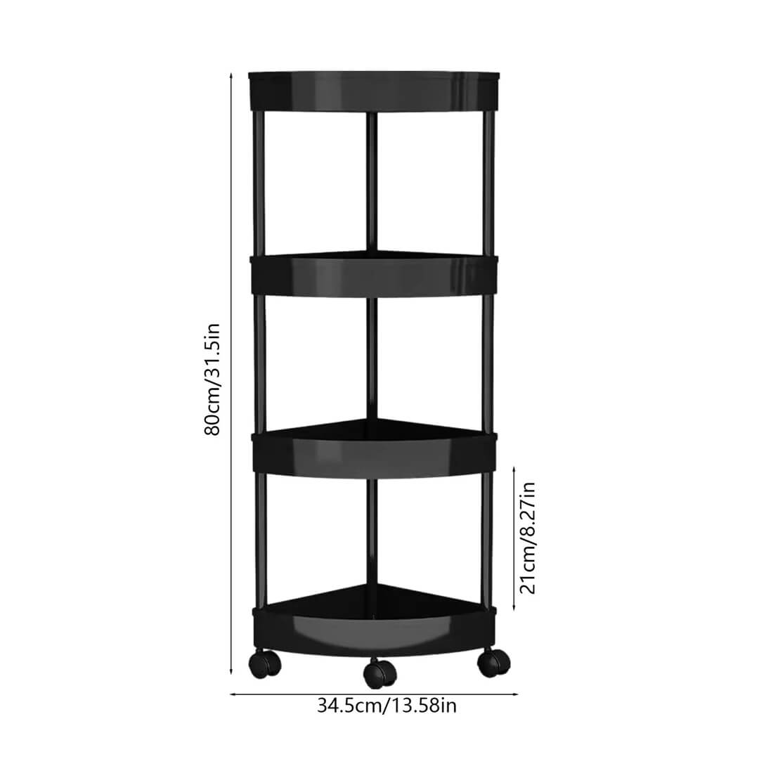 Black 4-layer corner shelf with detachable wheels.
