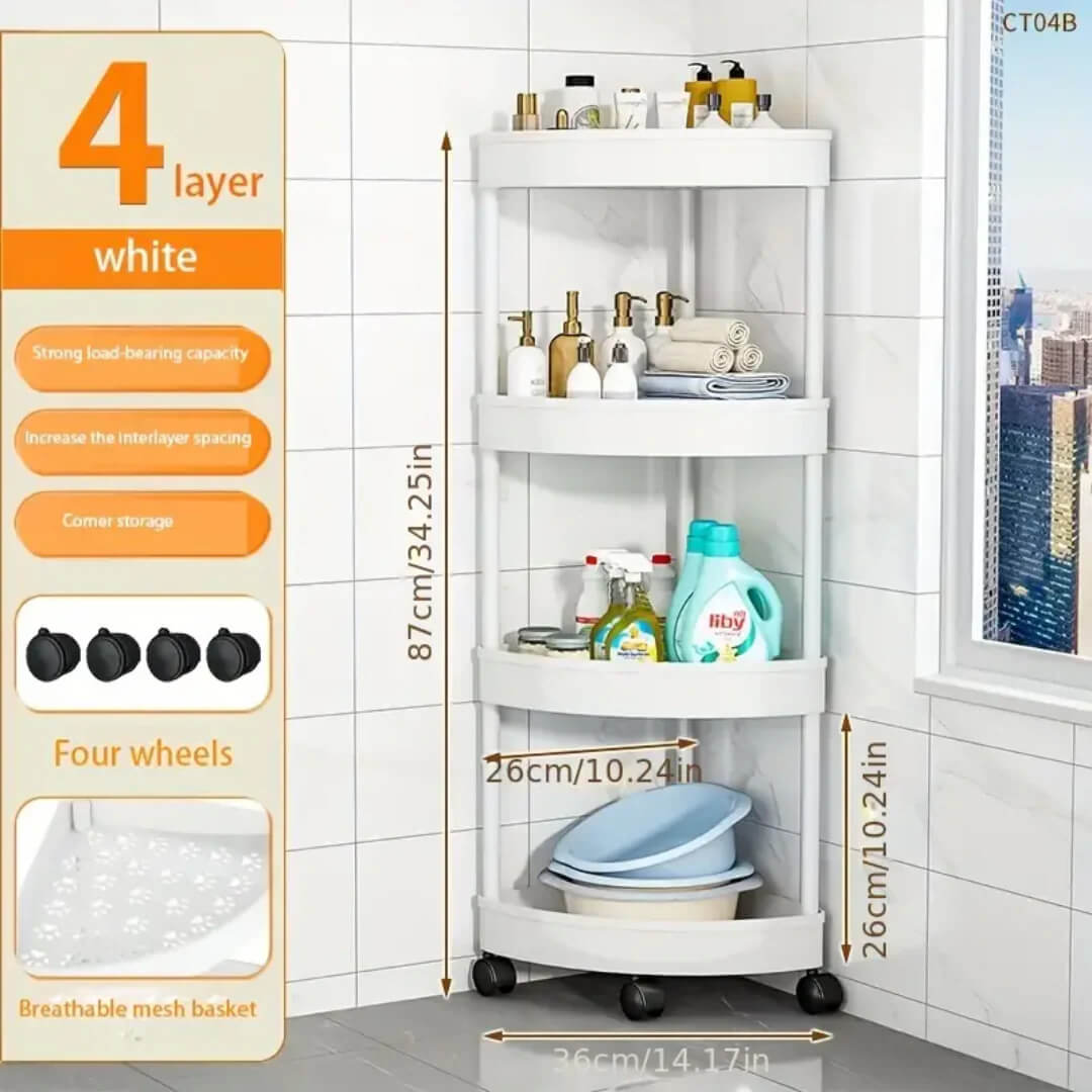 White corner storage rack with shelves and wheels, dimensions.